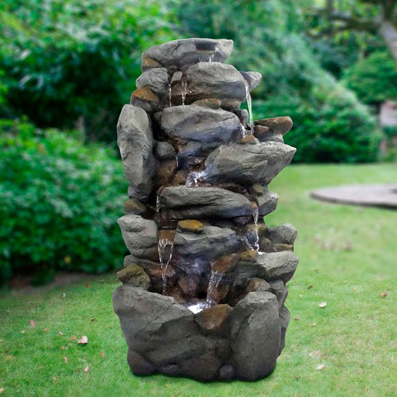 Image 1 Rock Waterfall 50" High 8-Tier Outdoor LED Floor Fountain