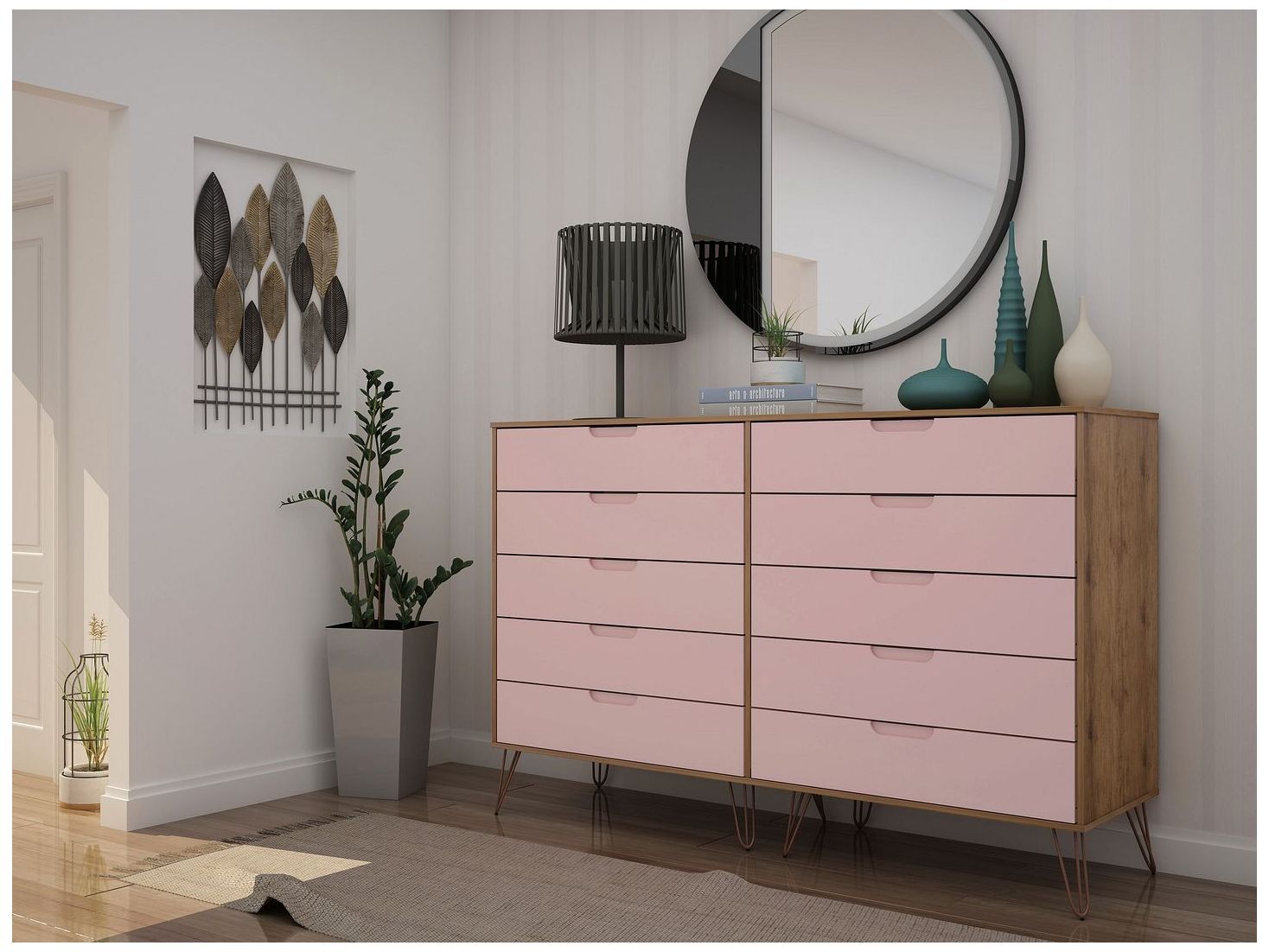 Image 2 Rockefeller 10-Drawer Double Tall Dresser in Nature and Rose Pink more views