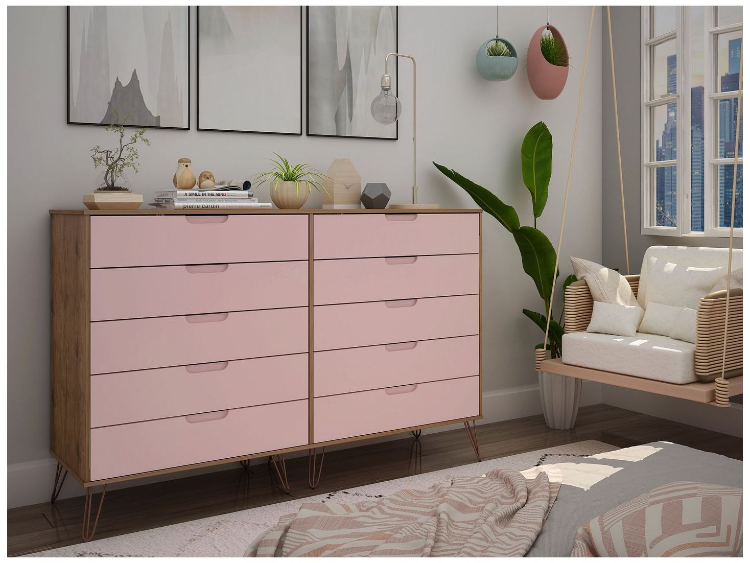Image 5 Rockefeller 10-Drawer Double Tall Dresser in Nature and Rose Pink more views