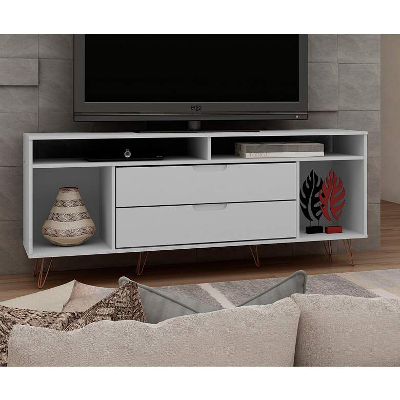 Image 1 Rockefeller 63 inch Wide Matte White 4-Shelf 2-Drawer TV Stand