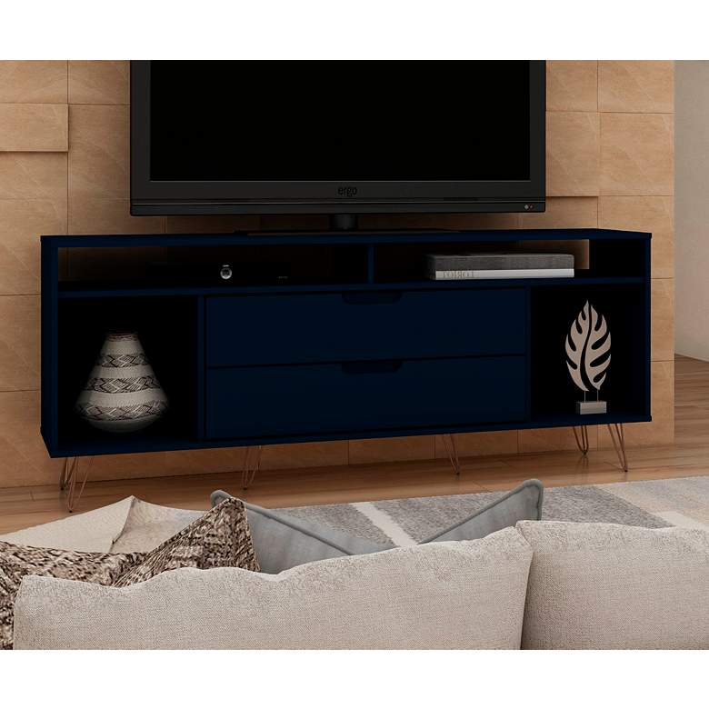 Image 1 Rockefeller 63 inch Wide Midnight Blue 4-Shelf 2-Drawer TV Stand
