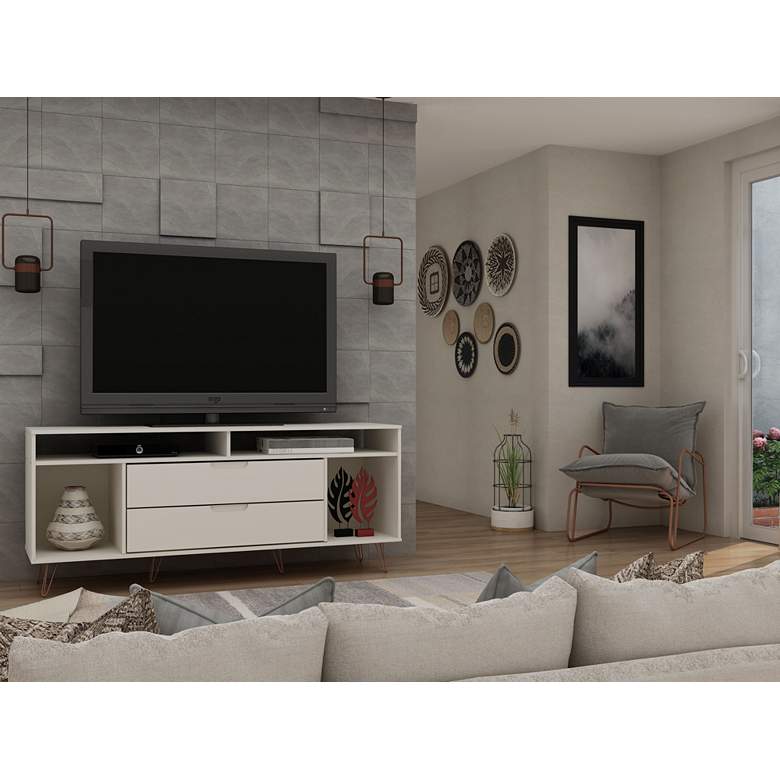 Image 1 Rockefeller 63"W Matte Off-White 4-Shelf 2-Drawer TV Stand