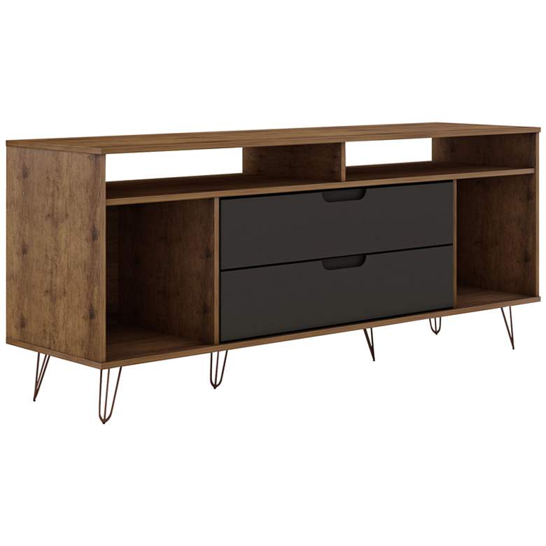 Image 2 Rockefeller 63 inchW Natural and Gray 4-Shelf 2-Drawer TV Stand
