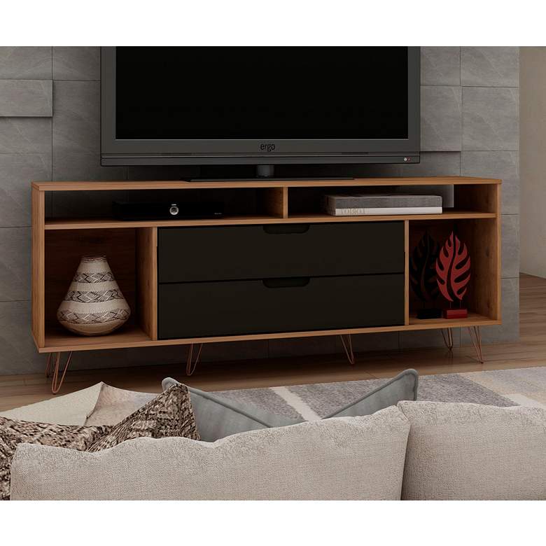 Image 1 Rockefeller 63 inchW Natural and Gray 4-Shelf 2-Drawer TV Stand