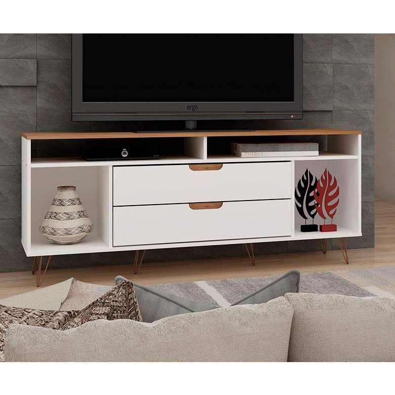 Image 1 Rockefeller 63"W Off-White Natural 4-Shelf 2-Drawer TV Stand
