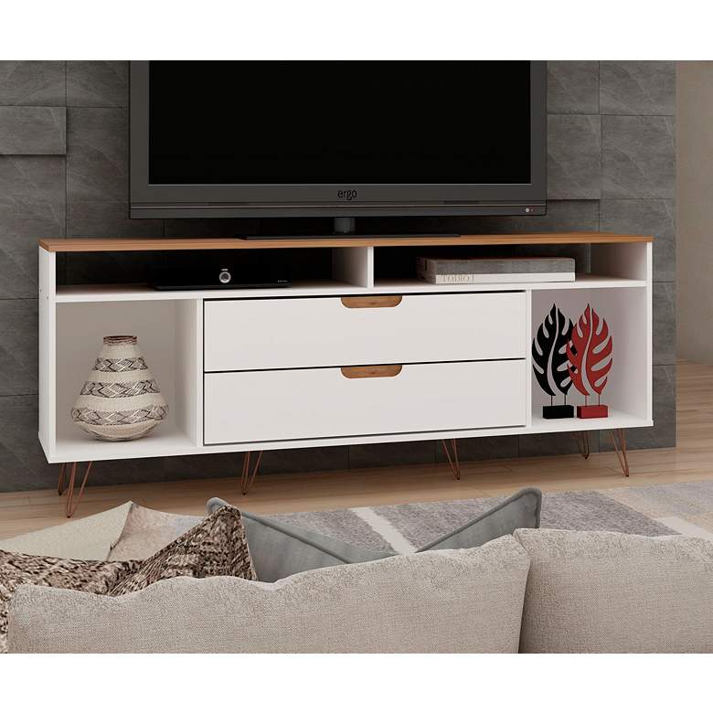 Image 1 Rockefeller 63 inchW Off-White Natural 4-Shelf 2-Drawer TV Stand