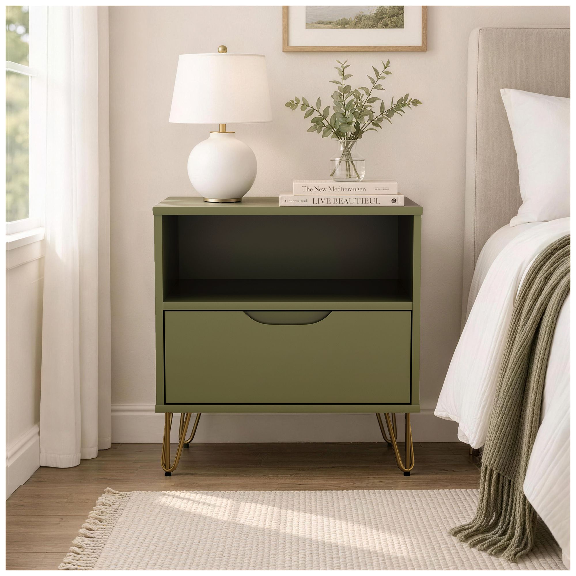 Image 2 Rockefeller Mid-Century Modern 20" Nightstand in Olive Green (1-Drawer) more views