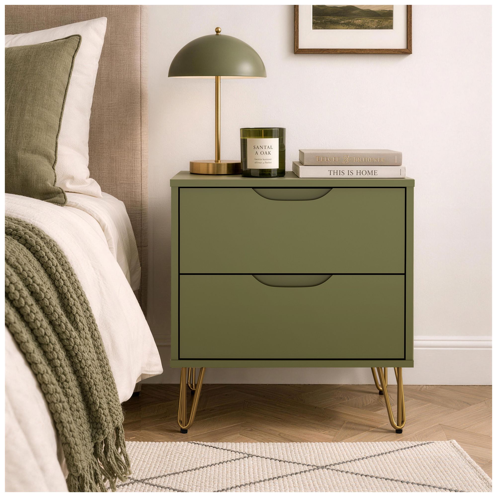 Image 2 Rockefeller Mid-Century Modern 20" Nightstand in Olive Green (2-Drawer) more views