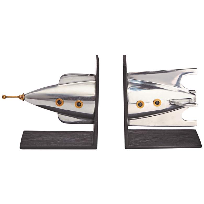 Image 1 Rocket Ship Aluminum and Brass Retro Bookends