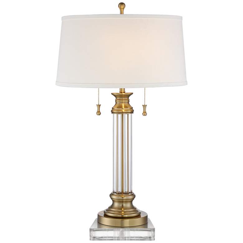 Image 1 Rolland Antique Brass and Glass Column Lamp With 8 inch Wide Square Riser