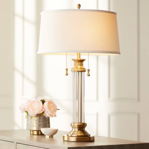Rolland Antique Brass and Glass Column Table Lamp - #9H213 | Lamps Plus