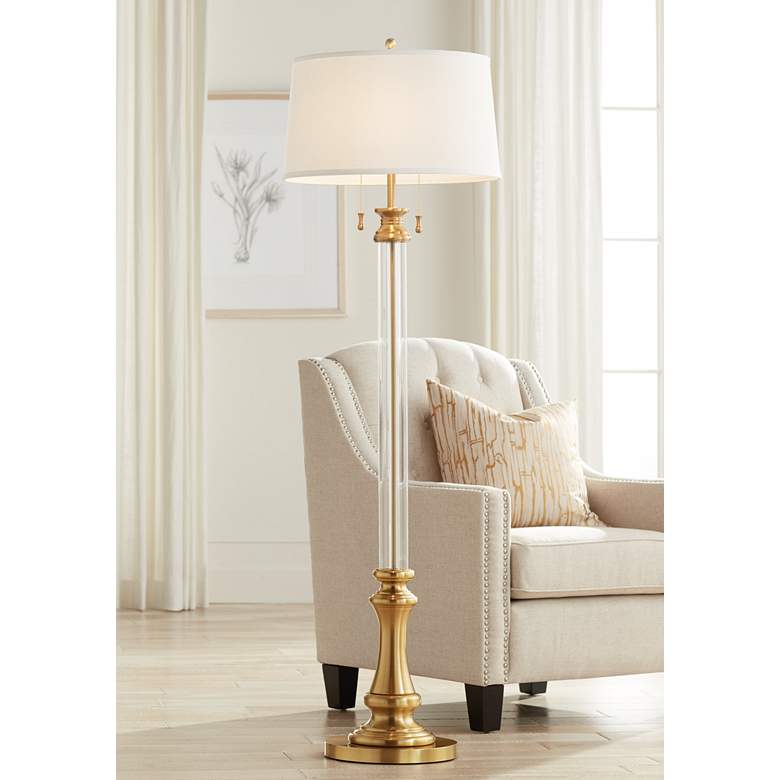 Image 1 Rolland Warm Antique Brass Clear Crystal Column Floor Lamp