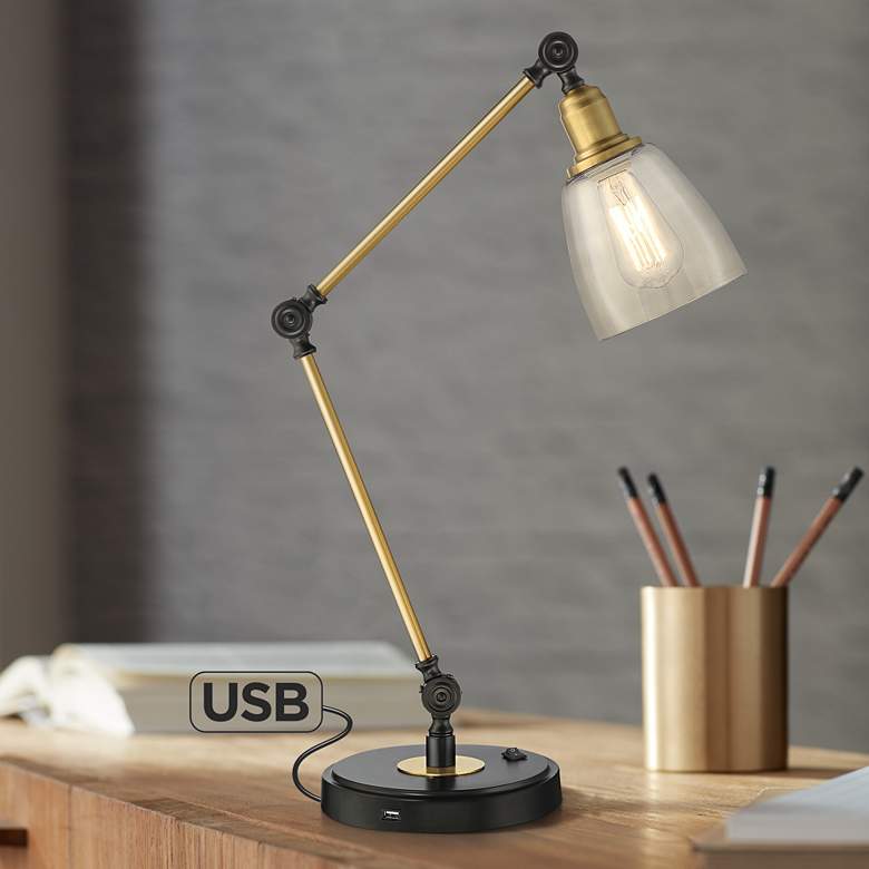 Image 1 Rollie Antique Brass Adjustable Desk Lamp with USB Port