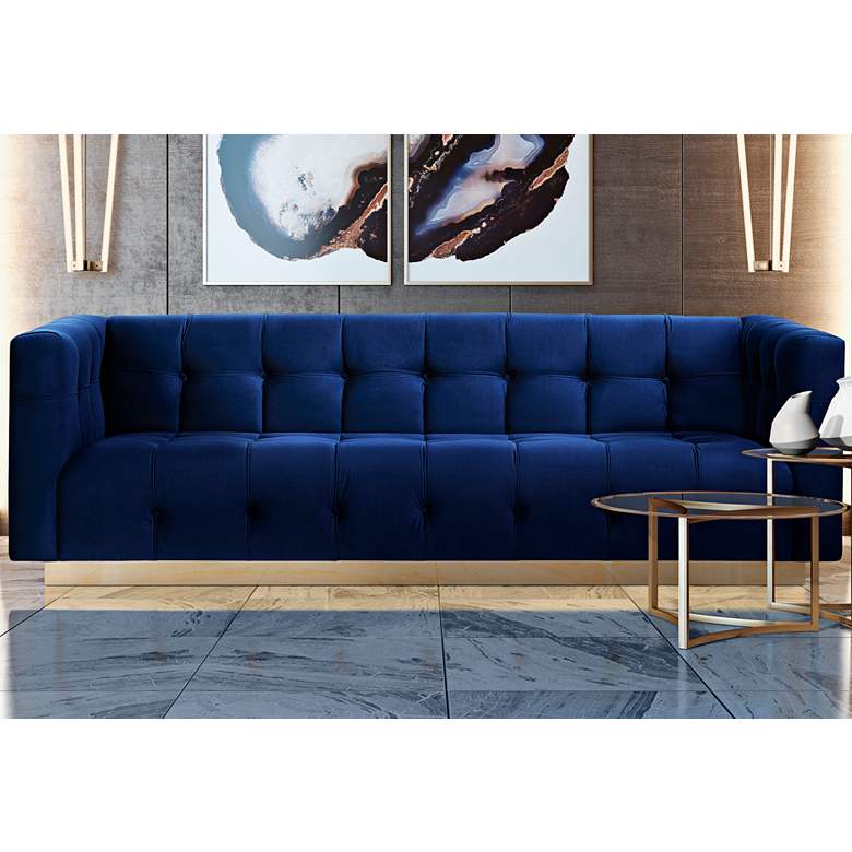 Image 1 Roma 84 inch Wide Navy Blue Velvet Button-Tufted Modern Sofa