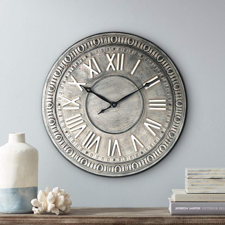 Image 1 Romana 34 1/2 inch Wide Gray Roman Numeral Metal Wall Clock