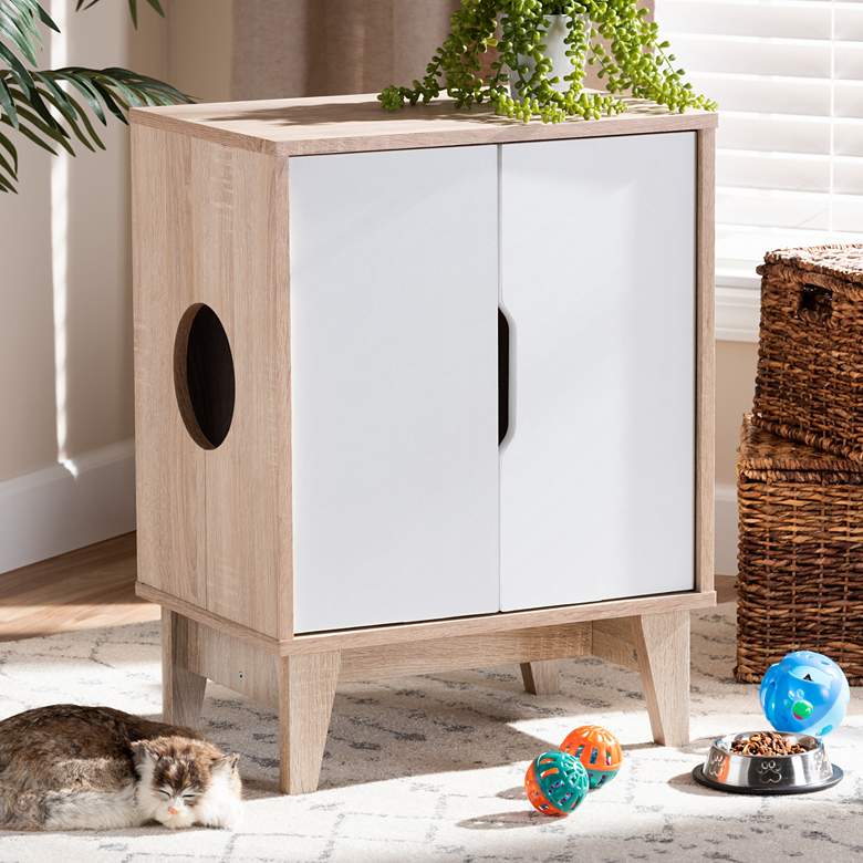 Image 1 Romy Oak and White 2-Door Wood Cat Litter Box Cover House