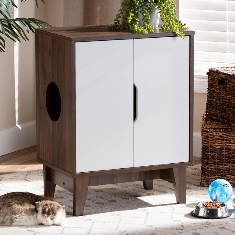 Romy Walnut and White 2-Door Wood Cat Litter Box Cover House