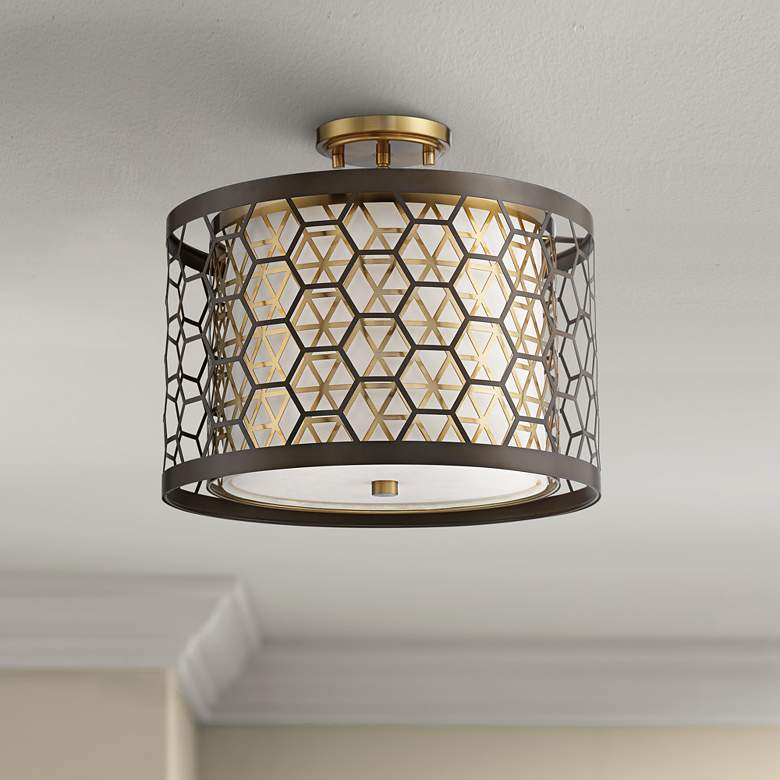 Image 1 Rondo 16 inch Wide Bronze and Brass Laser Cut Drum Ceiling Light