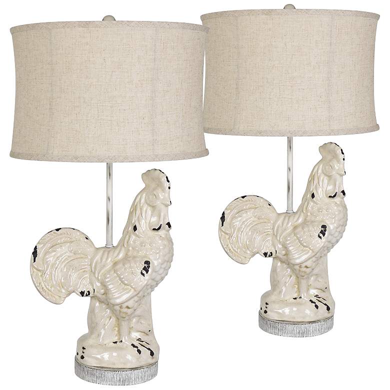 Image 1 Rooster Morning Call Antique White Ceramic Table Lamps Set