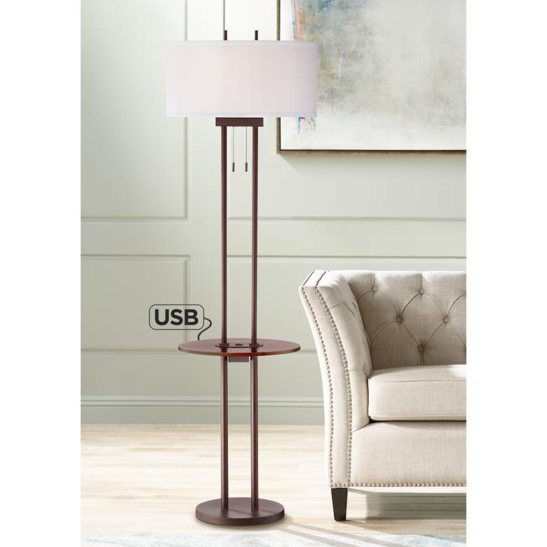 Image 1 Roscoe Bronze Twin Pole Floor Lamp with Tray Table and USB