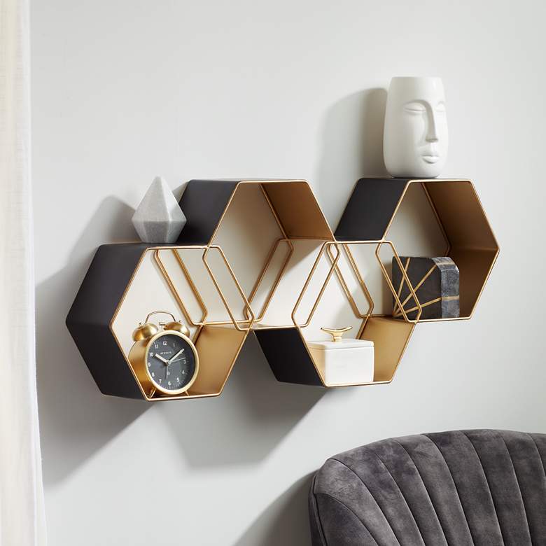Image 1 Roscoe Matte Gray and Gold Hexagonal Stack Metal Wall Shelf