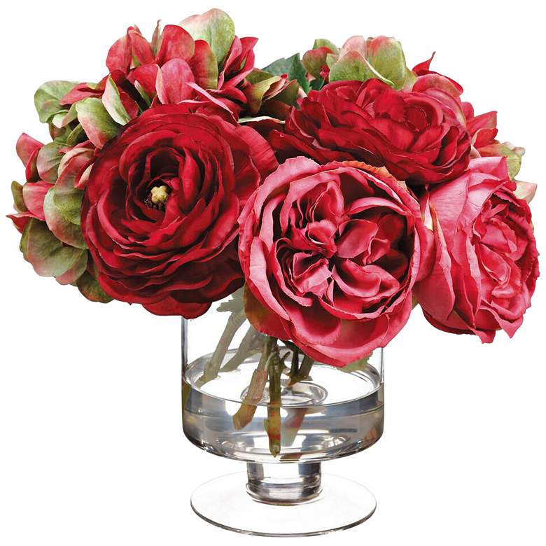 Image 1 Rose and Hydrangeas 14 1/4 inch High Faux Flowers in Glass Vase