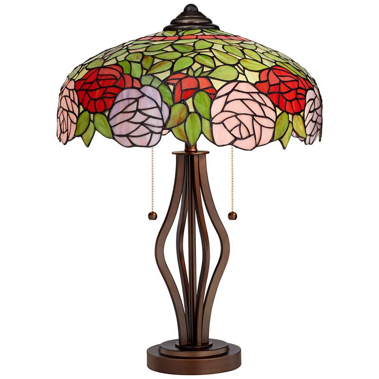 Image 1 Rose Bloom Tiffany Style Art Glass Harpo Iron Table Lamp