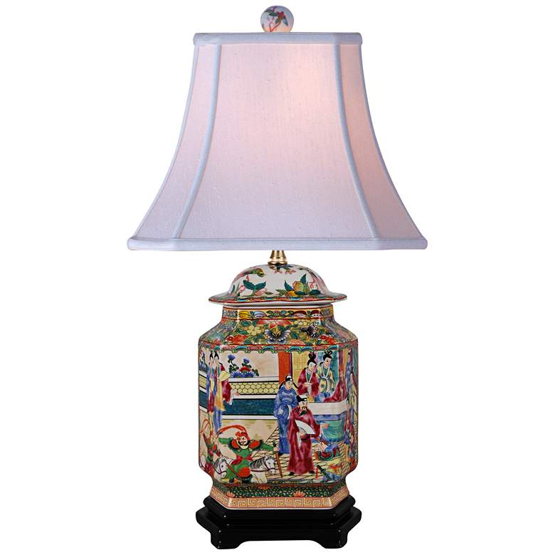 Image 2 Rose Canton 25 inch Asian Court Flat Jar Hand-Painted Porcelain Table Lamp