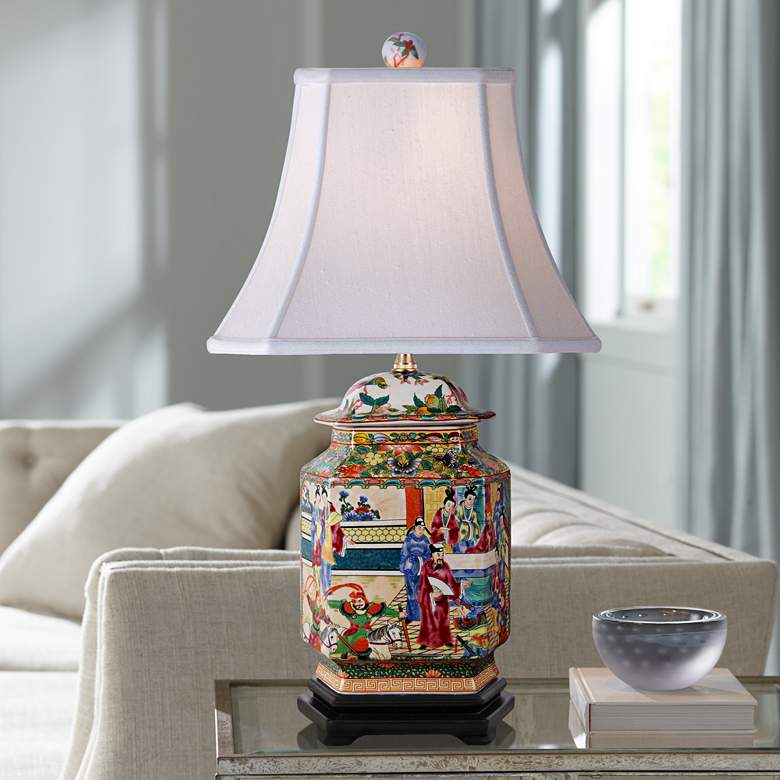 Image 1 Rose Canton 25 inch Asian Court Flat Jar Hand-Painted Porcelain Table Lamp
