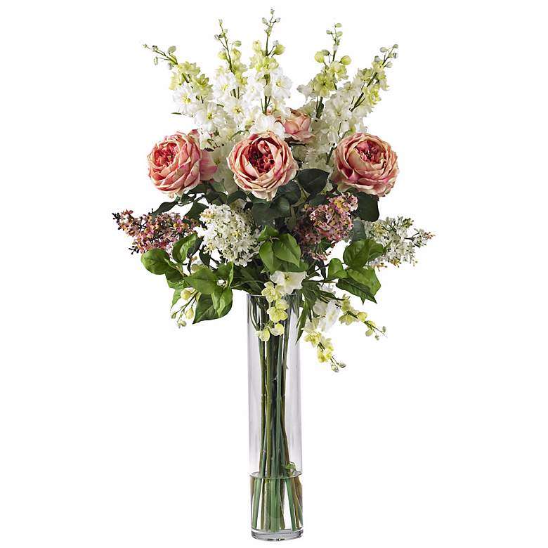 Image 1 Rose, Delphinium and Lilac Pink 38" High Faux Floral Bouquet