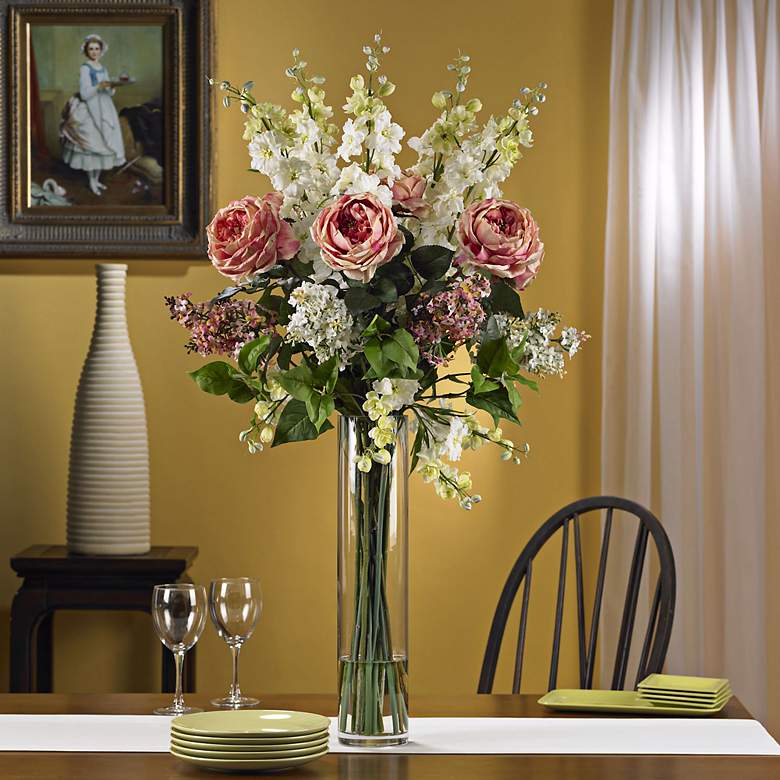 Image 2 Rose, Delphinium and Lilac Pink 38" High Faux Floral Bouquet more views