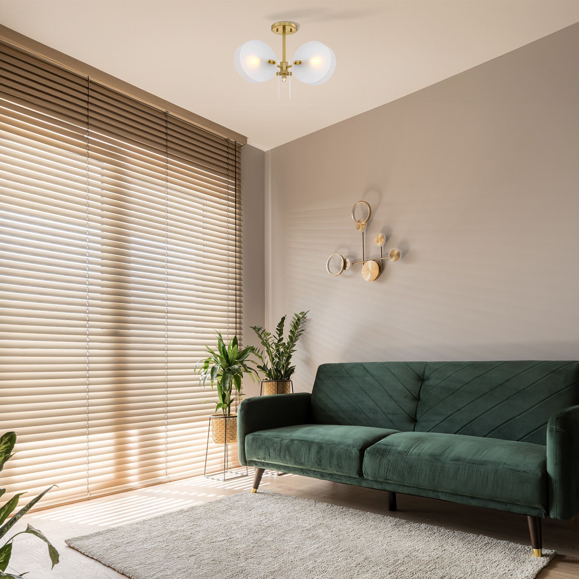 Rose Marie 13 in. 2-Light Brushed Gold Mid-Century Modern Semi Flush Mount