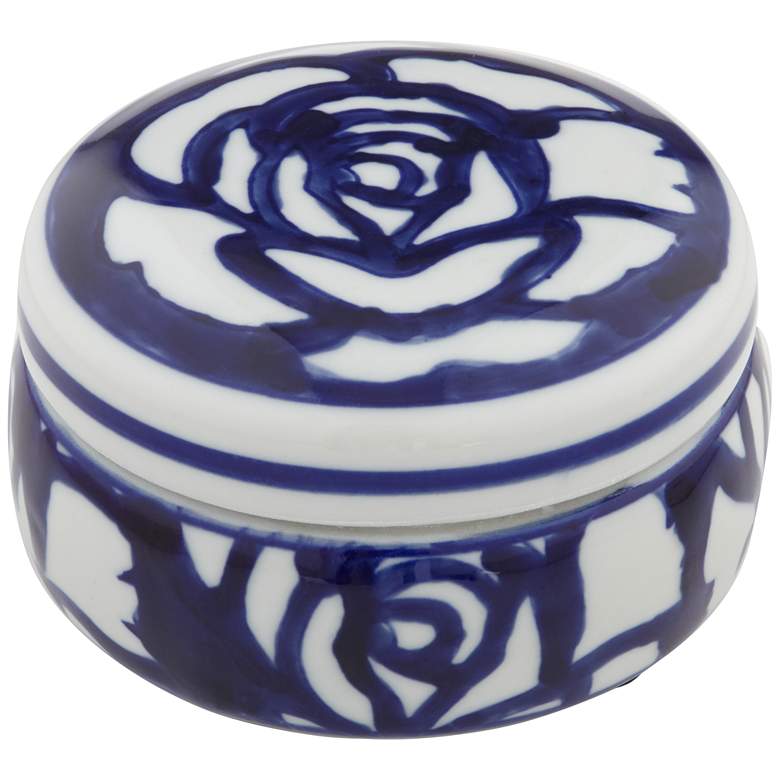 Rose White and Blue 4 inch Wide Round Decorative Box
