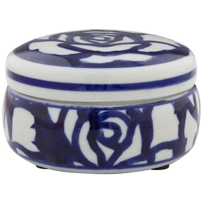 Image 3 Rose White and Blue 4" Wide Round Decorative Box more views
