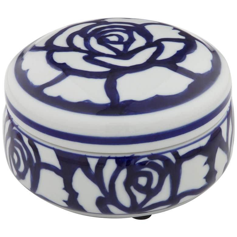 Image 1 Rose White and Blue 5 1/4 inch Wide Round Decorative Box
