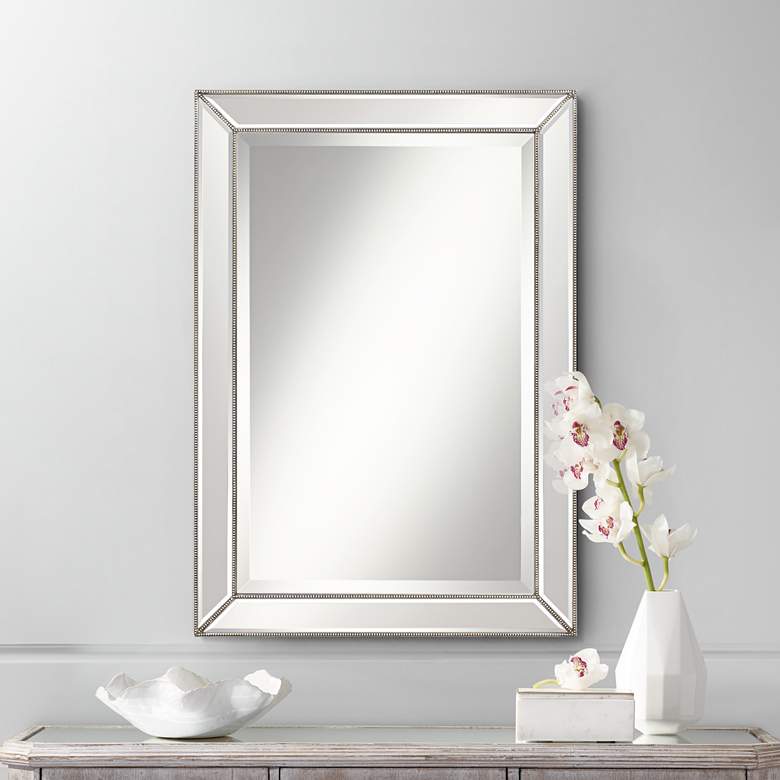 Roseau Silver Pewter 24&quot; x 34&quot; Beaded Wall Mirror