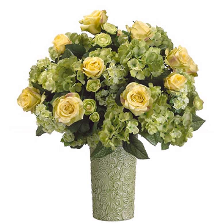 Image 1 Roses and Hydrangeas in Ceramic Vase 22 inch High Faux Flowers