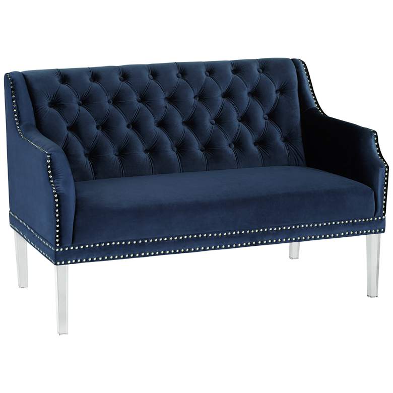 Image 1 Rosie Button-Tufted Blue Velvet Settee with Acrylic Legs