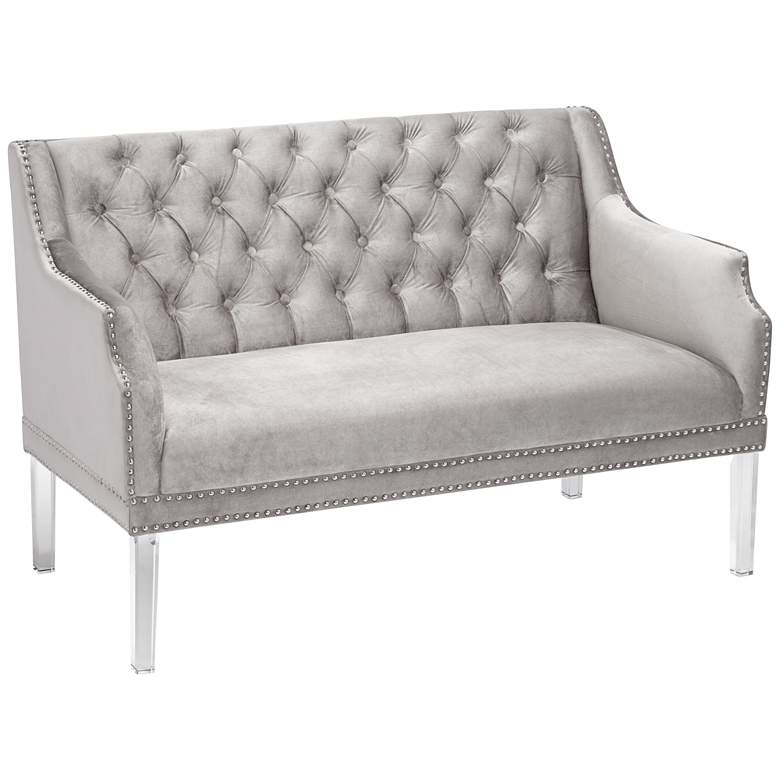 Image 1 Rosie Button-Tufted Gray Velvet Settee with Acrylic Legs
