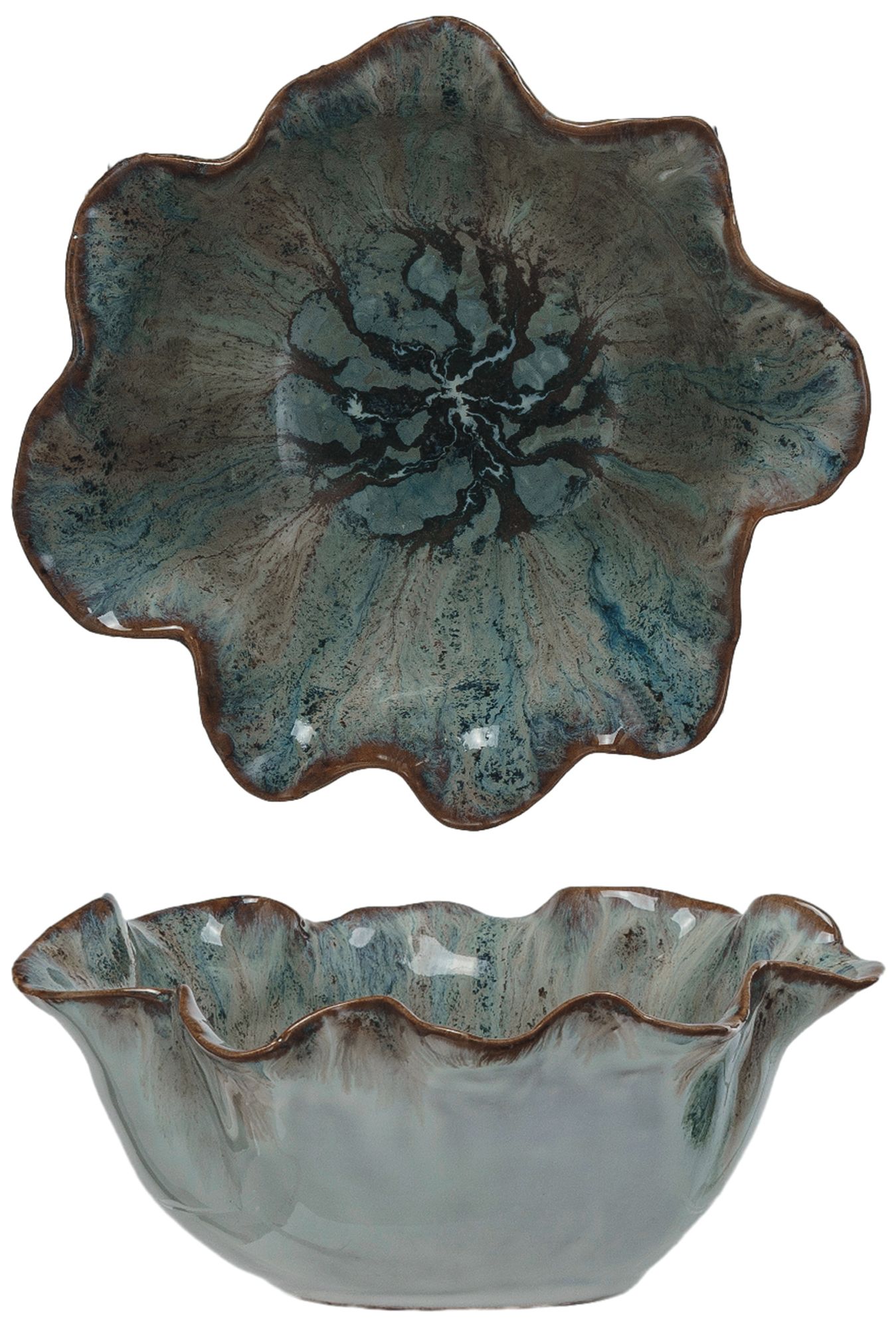 Image 2 Round Bowl with Speckled Design and Scalloped Edge, Blue and White more views
