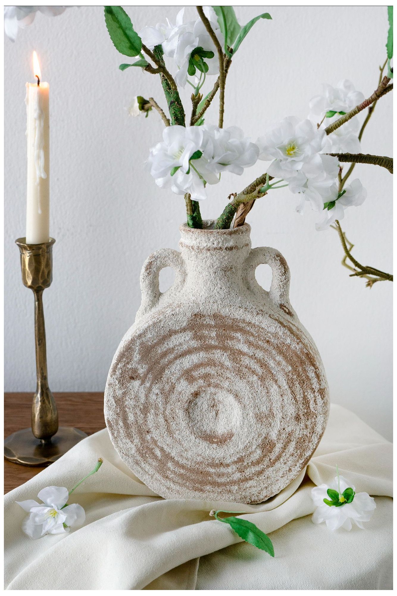 Image 5 Round Ceramic Vase w/ Worn White & Brown Finish more views