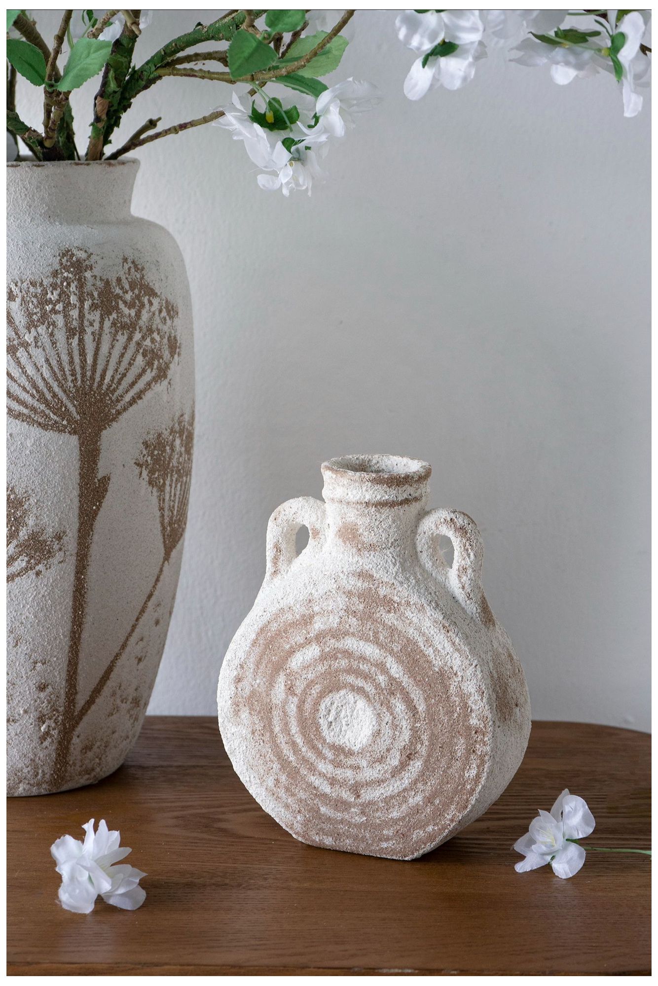 Image 5 Round Ceramic Vase w/ Worn White & Brown Finish more views