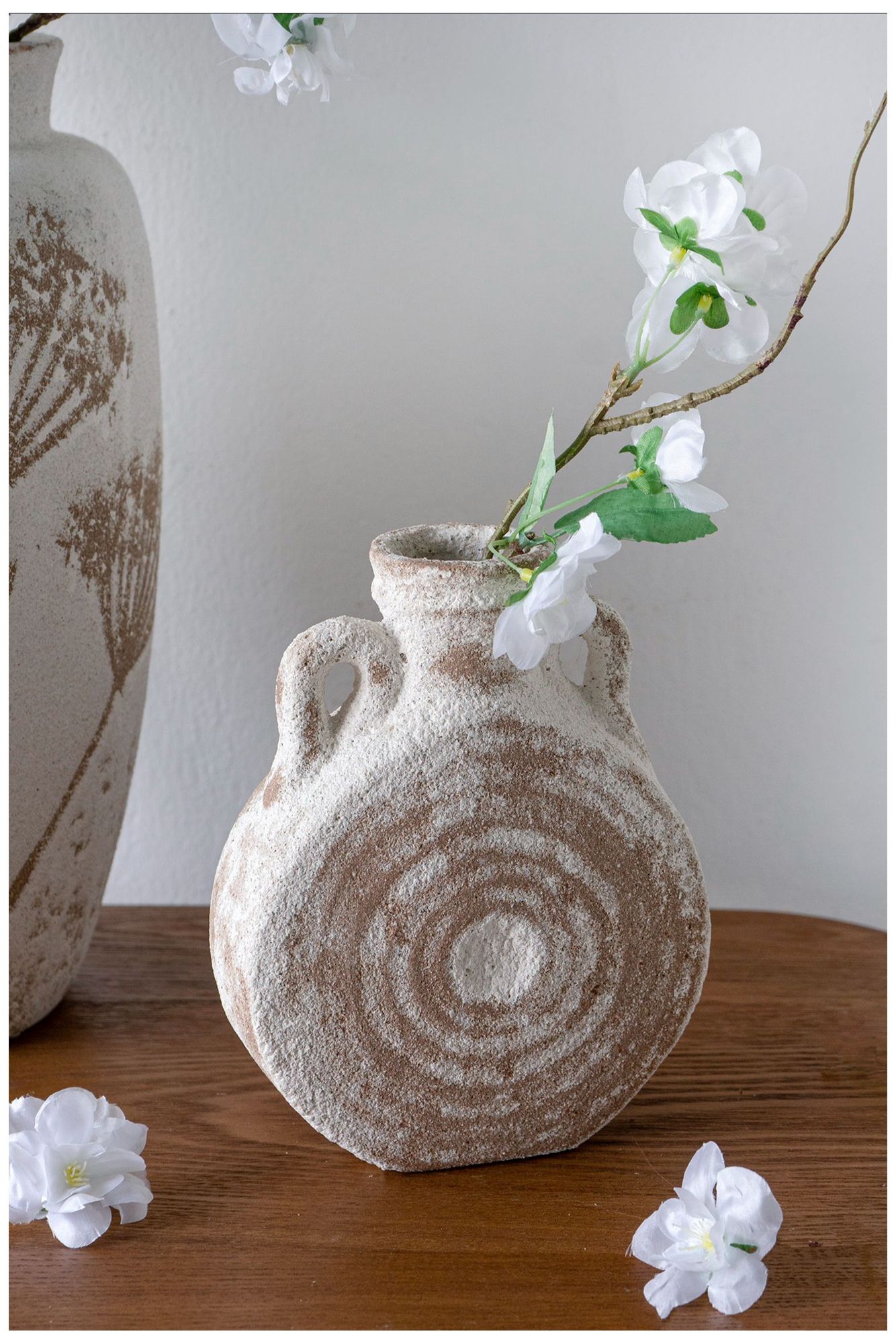 Image 6 Round Ceramic Vase w/ Worn White & Brown Finish more views