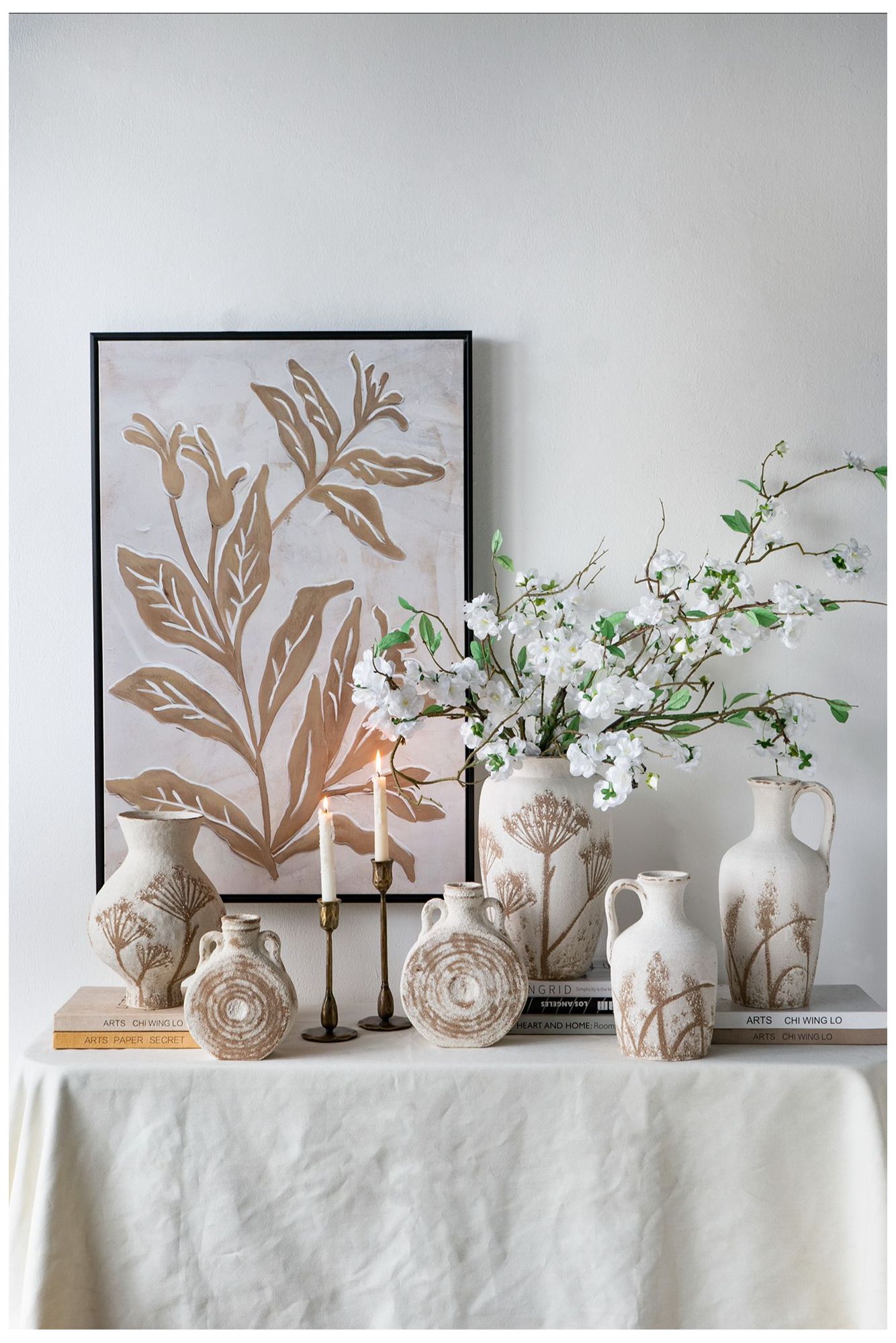 Round Ceramic Vase w/ Worn White & Brown Finish