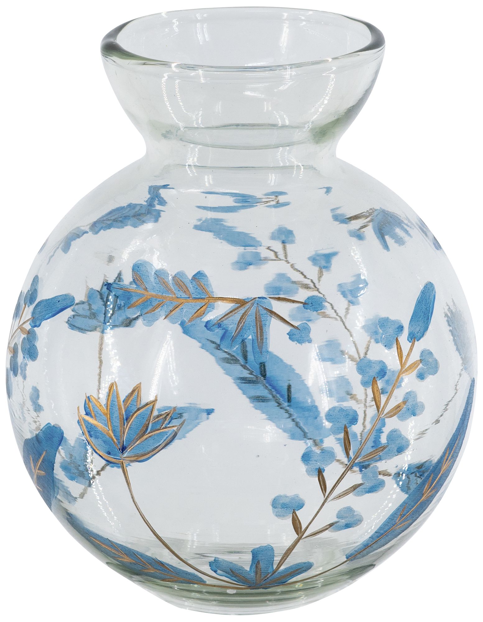 Image 2 Round Clear Glass Pedestal Vase w/ Blue & Gold Botanical Motifs
