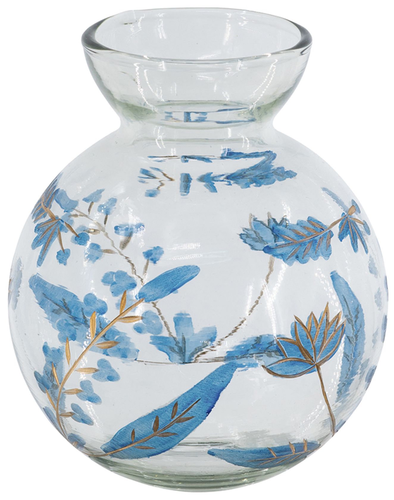 Image 3 Round Clear Glass Pedestal Vase w/ Blue & Gold Botanical Motifs more views