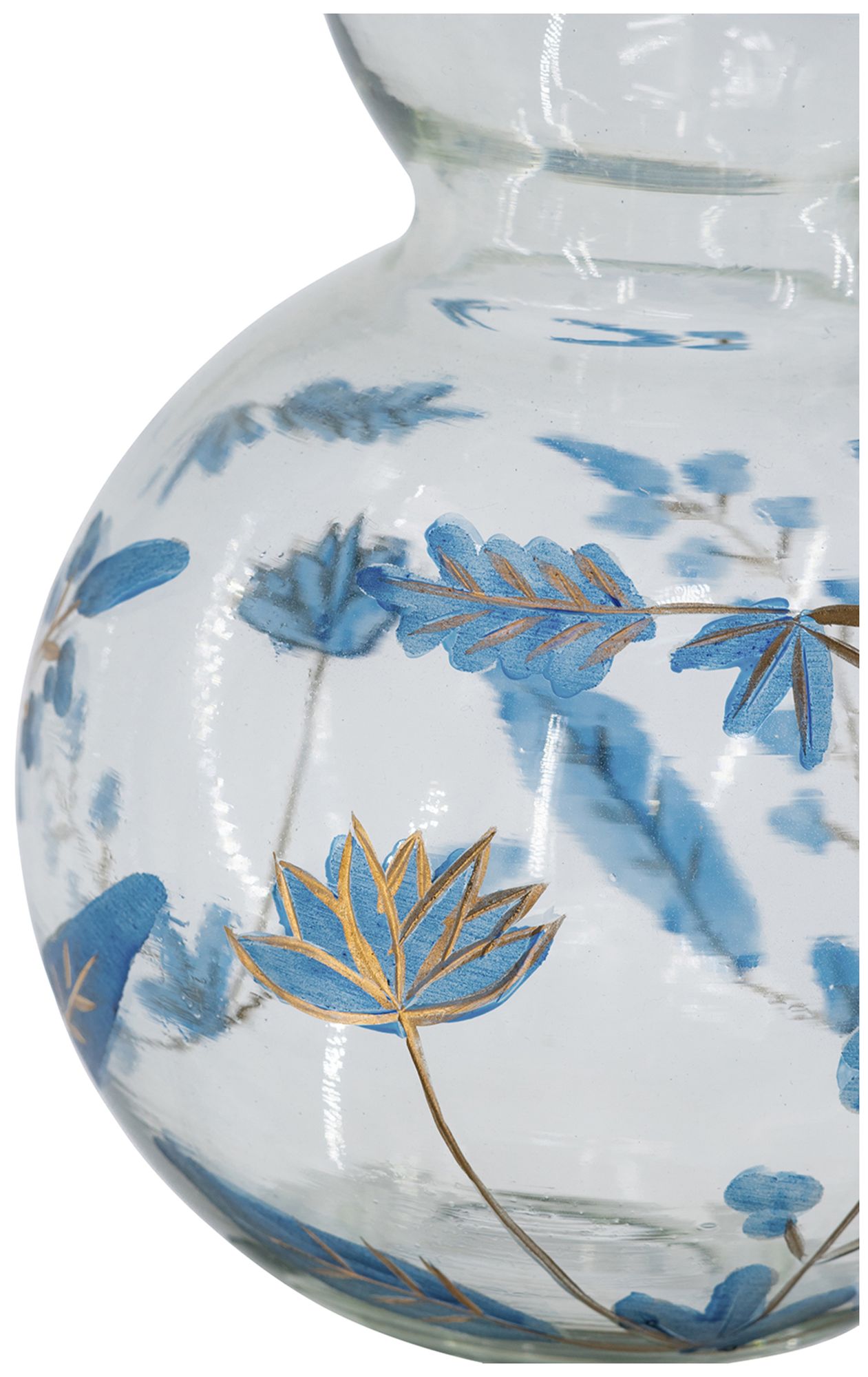 Image 4 Round Clear Glass Pedestal Vase w/ Blue & Gold Botanical Motifs more views