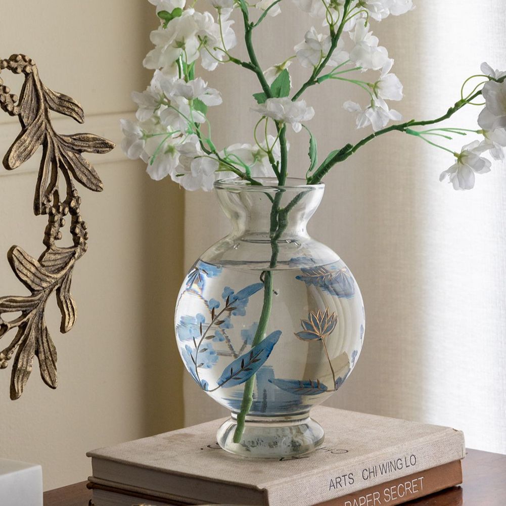 Image 6 Round Clear Glass Pedestal Vase w/ Blue & Gold Botanical Motifs more views