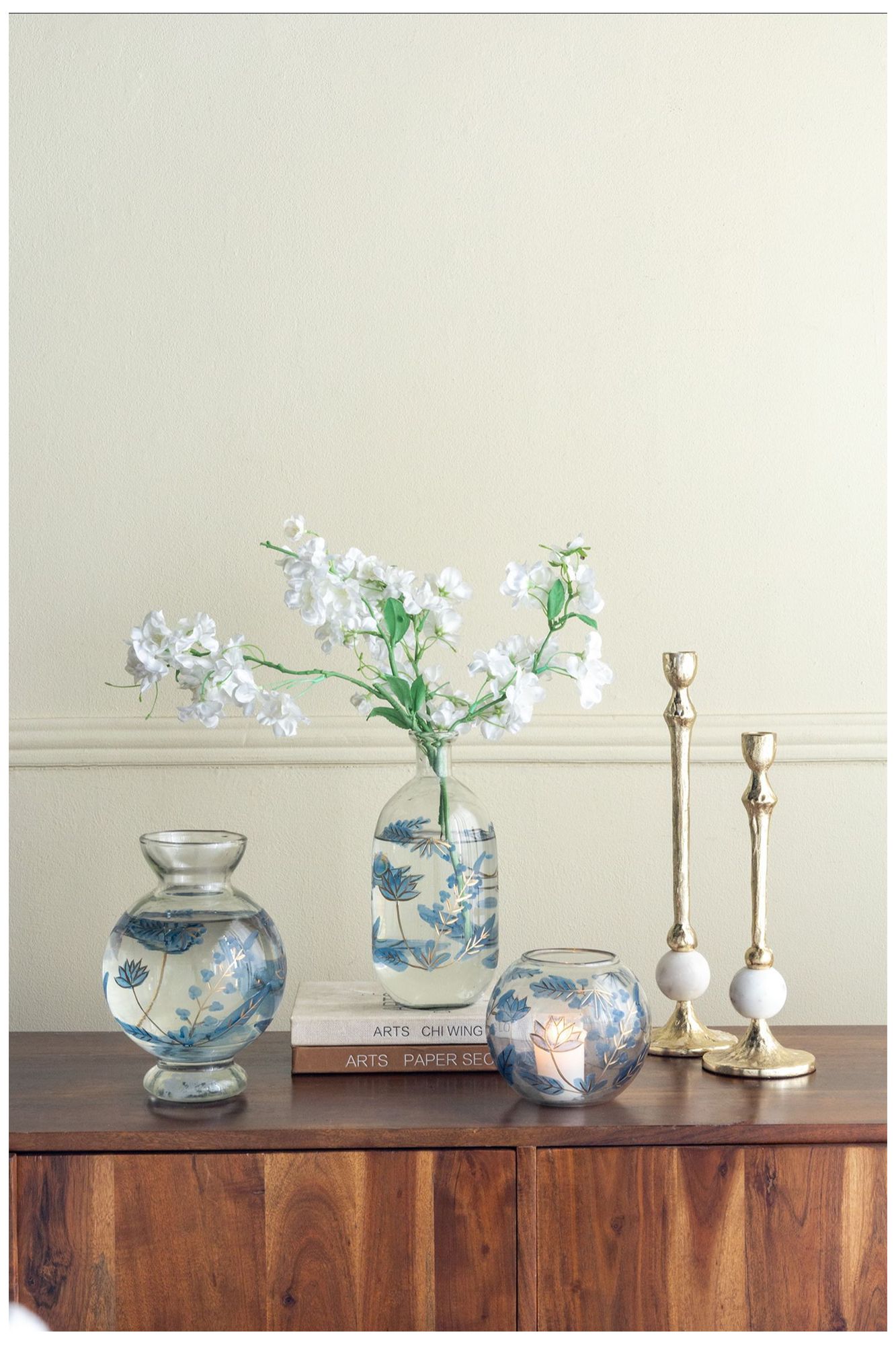 Round Clear Glass Pedestal Vase w/ Blue & Gold Botanical Motifs