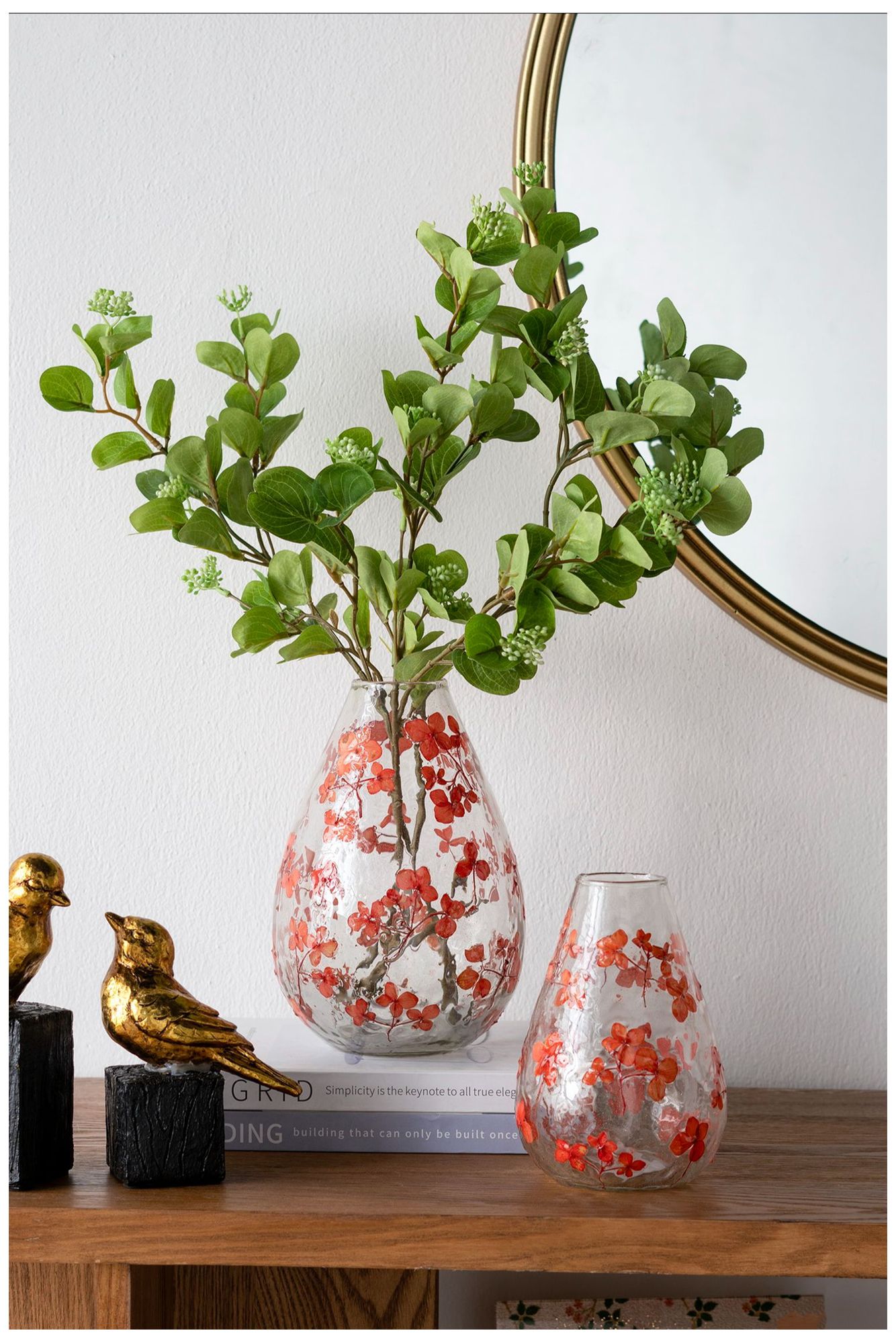 Image 7 Round Clear Glass Vase w/ Whimsical Red Flower Design more views